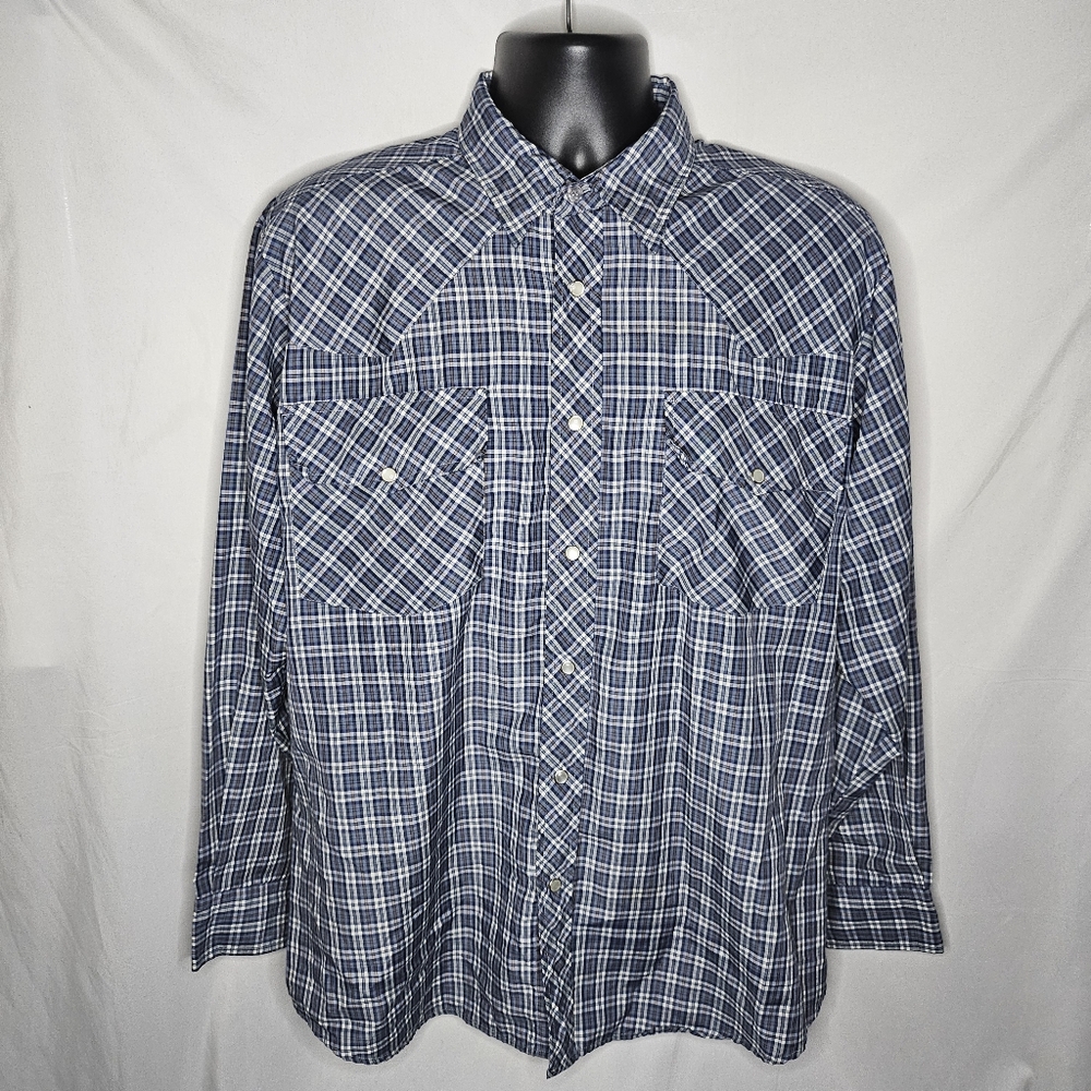 Mens Haband Blue Plaid Stripe Pearl Snap Front Long Sleeve Western Shirt Size L